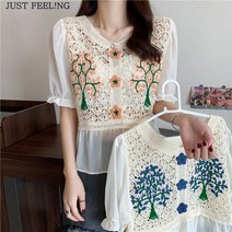 JUST FEEL!NG 여름 여성 퍼프 크롭 반팔티 블라우스 쉬폰 자수 슬림핏 셔츠 빅사이즈