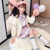 FANSYLI 2021가을겨울신상 여아 유니폼 키즈 스쿨룩 주니어 플리츠 셔츠 정장 세트 여아 카디건 스웨터 3종 세트 1896호 12f