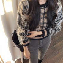 플로티에 라운드넥 배색 체크 니트 티셔츠 FLE29629