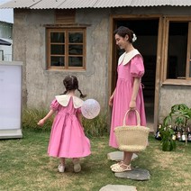 핑크 카라 모녀 커플룩 엄마 맘 딸 원피스 시밀러룩 여행 여아