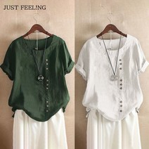JUST FEEL!NG 빈티지 빅사이즈 캐주얼 루즈핏 면마 반팔 셔츠 여성 4050대 중년맘 린넨 티셔츠