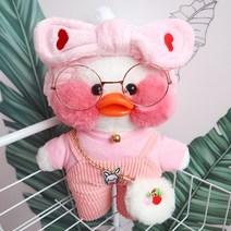PKTOYS 소녀하트 캐릭터 큐티덕 피규어 숄더 겸 크로스백 깜짝 변신빵빵덕오리인형 옷, 파우더 하트 헤어 밴드 파우더 티셔츠 벨트 바지 체인, 핑크 오리 30cm