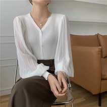 F4803 3컬러 V넥 쉬폰주름소매 니트티 긴팔블라우스