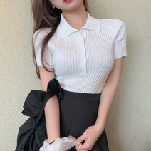 마쿠쿠 카라 pk 여성 단추 반팔 크롭 니트 피케셔츠