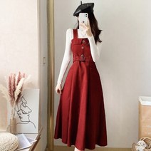 골덴멜빵원피스 원피스코디세트 여성 봄가을 스타일리쉬 허리보정 슬림핏 레드 끈나시 슬립 스커트다 3767937571