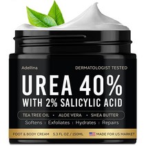 Adellina 우레아 크림 발 40% 건조하고 갈라진 뒤꿈치 무릎 팔꿈치용 풋 리페어 로션 2% 살리실산 시어 버터 티트리 오일 알로에 베라 150.3g(5.3온스)140559
