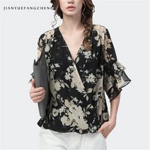 인기신상 여성 럭셔리 랩스타일 플라워 프릴소매 고급 블라우스~4XL