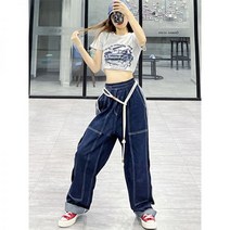 로우라이즈 팬츠 로라이즈 바지 y2k 와이드 블루 사이드 데님 여 여름 이스 걸스 낮은 허리 스트링 일자 재즈