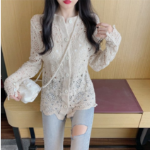 Makone 상표등록 린온트리 퍼프 펀칭 꽈배기 케이블 크롭 니트 가디건 슬림 긴팔 탑스 한 중공 카디