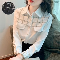 퀸이즈 퀸이즈 레크 트위드 진주 버튼 블라우스