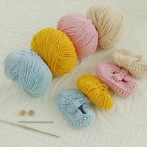 HAGT 아기덧신 손뜨개 태교 뜨개질 DIY 키트 신발뜨기 실(옐로우)+단추1쌍+바늘2개, 1개