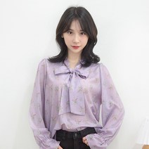 연보라블라우스 쉬폰블라우스 플라워블라우스 리본블라우스 퍼프블라우스 브이넥블라우스 루즈핏블라우스 블라우스 가을 꽃무늬 프릴 벌룬 데일리 러블리 하객 데이트 긴팔 벚꽃