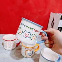 YSHOULDins 약필화 한국식 머그컵 귀여운 곰돌이 캐릭터 도자기컵 아침밥컵 물컵 스마일컵 350ml 1개, 블루 세 곰돌이 B