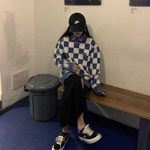 블랙 & 화이트 체크무늬 루즈한 여성용 바둑판 무늬 긴팔 니트