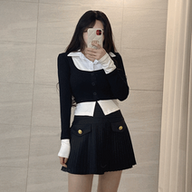 [당일배송/세트가격] 하이브 셋업 하이틴 스쿨룩 셔츠원피스 레이어드 셔르 언발 크롭 티셔츠 금장 플리츠 치마 플레어스커트 미니스커트 투피스 세트 하객룩 페미닌