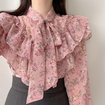 넷투넷코리아 여성 블라우스 플라워패턴 긴팔 리본 레이어드 셔츠