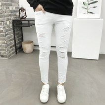 용된다 남자 디스트로이드 화이트진 슬림핏 청바지