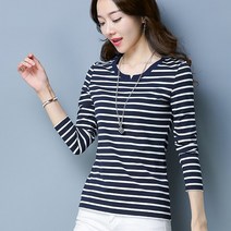 뉴욕멋쟁이 키홀넥 단가라 티셔츠 여성 이너티셔츠 여성 긴팔티 줄무늬티