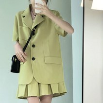 일본 정장 여성 아카데미 스타일 느슨한 패션 캐주얼 말차 녹색 짧은 소매 정장 재킷 스커트 투피스 여성, 싱글 코트, XL