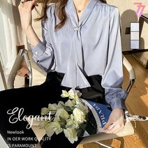 77우먼스 여성 포니 블라우스 실키 광택 청순 리본 타이 셔츠 상의