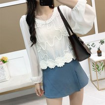 크로쉐 크로셰 펀칭 조끼 체인 링크 꽃 레이스 스티칭 쉬폰 셔츠 여성 봄 여름스타일숏 탑