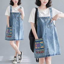 YI MING 여름 데님 나시 청 원피스 패션 자수 데님 멜빵 스커트 멜빵치마 F218