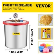 탈포기 VEVOR-진공 챔버 5 갤런 스테인레스 스틸 진공 가스 제거 유리 뚜껑 열처리 실리콘 개스킷, 한개옵션0