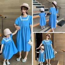해외여름 여아 데님 반팔 원피스 퍼프 스퀘어넥 청치마 a라인 롱원피스 엄마랑딸 커플