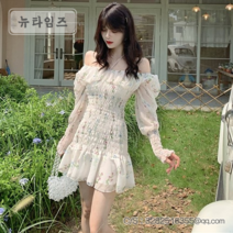 여성 원피스 꽃무늬 오프숄더 주름 쉬폰 미니드레스