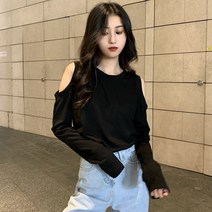 오픈숄더티셔츠 여성 긴 소매 가을 라운드넥 이너티셔츠 디자인감각 상의 트렌드 2961925225