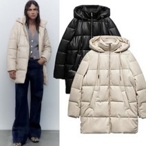 ZARA 에코 비건 레더 후드 코트 롱 패딩 점퍼