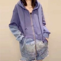 여자 후드 티 반팔 데님 재킷 루즈한 여성 캐주얼 지퍼 코트 봄 여름
