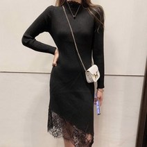 하객 원피스 넥라운드 레이스 스커트 사선 골지 20대 30대