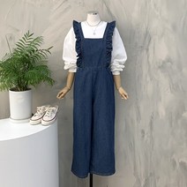 행복여[봄신상무배]콩콩 프릴 와이드 데님 점프슈트