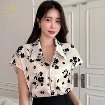 프린트 오피스 블라우스 여성 셔츠 새틴 시폰 탑스 반팔 캐주얼 한국 루즈한 2023 년 신제품