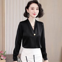 오피스룩 2021봄가을 여성복 스타일 실크 셔츠여성 루즈핏 V영단 테이블위 기장 소매 직업 이너셔츠