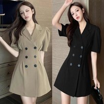 tagi 여성 더블 버튼 정장 원피스 반팔 캐주얼 퍼프소매 스커트 여름