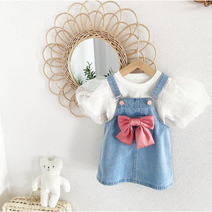 따로 또 같이 귀염뽀짝 탈부착 러블리 왕리본 멜빵청치마 원피스&소매 벌룬 레이스 티셔츠 2종세트(80-130 사이즈)여아 등원룩 나들이룩 데님오버롤 자매룩 추천