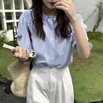 Hooozen 여성 스위트 스타일 돌 카라 자수 디자인 루즈핏 반팔 블라우스