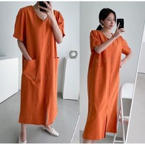 여자 여름 루즈핏 칼라 워싱면 린넨 마 롱원피스 여행 휴가원피스 3040대 미시룩