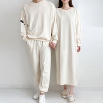 커플 시밀러룩 리얼 레터링 루즈핏 긴팔 트임 트레이닝 롱 원피스