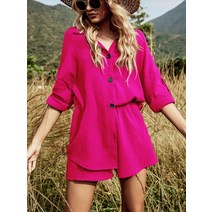 여성용 긴팔 로즈 레드 버튼 그린 셔츠 반바지 세트 2023 써머 캐주얼 2 피스 화이트, 03 Rose red_02 M