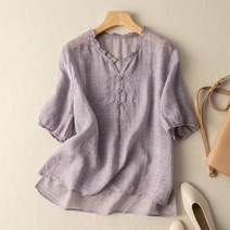 은창]나뭇잎 자수 린넨 5부 셔츠 블라우스 상의 여름 여성