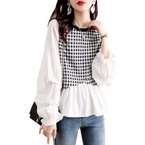 [마리아 마파] 체크 겹침 착풍 컷소우 셔츠 도킹 플레어 소매 탑스 풀오버 귀여운 귀여운 세련된 여성 캐주얼 비즈니스 포멀 토로미 천 칼라 없음 에리 없음 무늬 블라우스 블랙 블랙 2A-M01-BKM