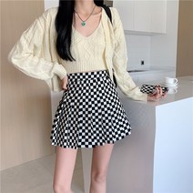 A라인 스커트 초여름 바둑판 칸 치마 디자인감각 보이핏 볼륨 클래식 눈길을 끄는 트윈 룩 여성 3977239314, 흑백 칸 M