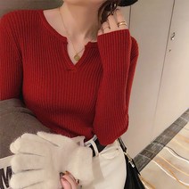 감성갤러리 신축성 좋은 브이넥 골지 슬림핏 여성 긴팔 티셔츠 데일리룩 여친룩 하객룩 S-C008