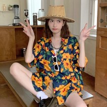 레트로 루즈핏 하와이 해바라기 꽃무늬 여름 바캉스 휴양지 카라 셔츠 롱 블라우스 SH