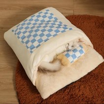 겨울 보온 고양이 집 두꺼운 이불 탈부착 가능 고양이 집 방한 침낭 반밀폐형, 파란색 격자 무늬, XL