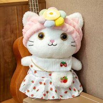 PKTOYS DIY 행운 빵덕이 고양이 인형 오가닉 애착 봉제 안고자는 생일 크리스마스 선물, 데이지 헤어 벨트 승무원 빨간 격자 무늬, 30cm