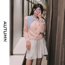 오피스룩 데일리룩 빅카라 핑크 배색 보석 큐빅 버튼 가디건 1743-78